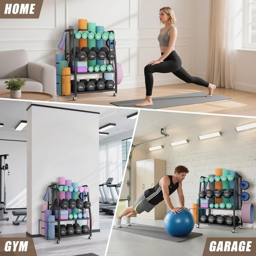 Weight Rack for Home Gym, Vopeak Dumbbell Rack Stand Only, Adjustable Weight Rack for Dumbbells, Kettlebells Yoga Mat, Home Gym Storage Rack with Wheels and Hooks, Powder Coated Finish Steel