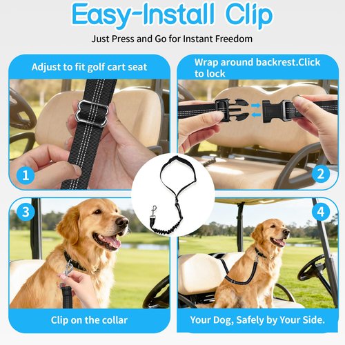 Golf Cart Dog Seat Leash & Safety Harness | Adjustable Pet Seat Belt with Tangle-Free Retractable Strap, Fits All Golf Cart Models (for Single Dog)