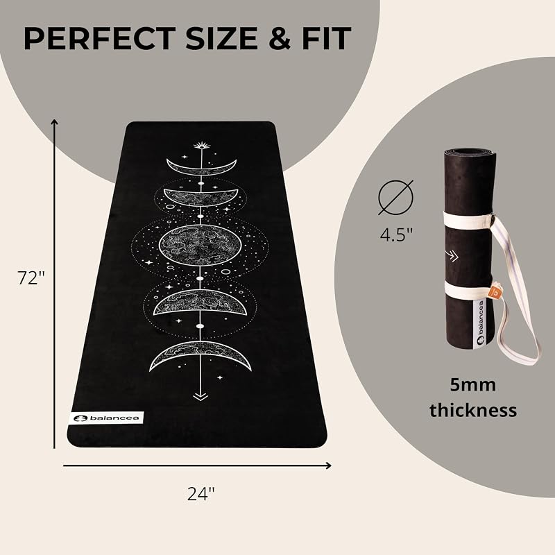 Balancea 5mm Yoga Mat with Strap - Non-Slip Suede Top, Eco-Friendly TPE Base, 72 x 24 in (Black)