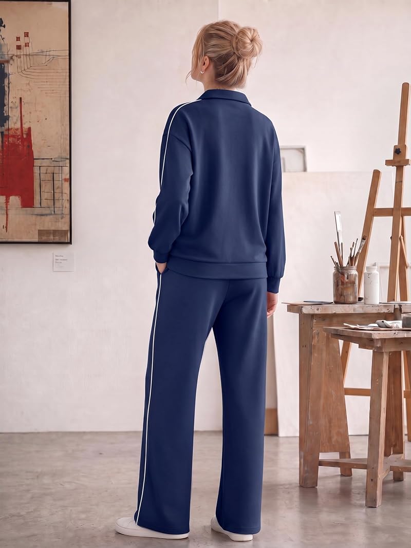 Casly Lamiit Women’s 2-Piece Half Zip Wide Leg Tracksuit Navy Blue, Medium