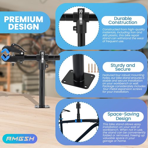 AMGSH Bike Repair Stand Wall Mount, Adjustable Bike Work Stand for Road & Mountain Bikes, Space-Saving Bicycle Repair Stand with Clamp, Wall Workbench Bike Mount for Bicycle Maintenance at Home, Sturdy Bike Stand for DIY Repair, Includes 4 Metal Expansion