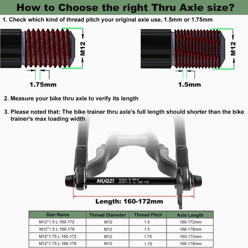 MUQZI Bike Trainer Thru Axle - Bicycle 12mm Rear Wheel Thru Skewer for Indoor, 160mm to 172mm - M12 x P1.75 Thread Pitch