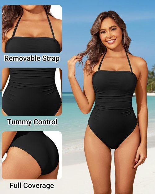 Holipick One-Piece Swimsuit - Tummy Control Strapless Bandeau Design | Slimming Halter Style