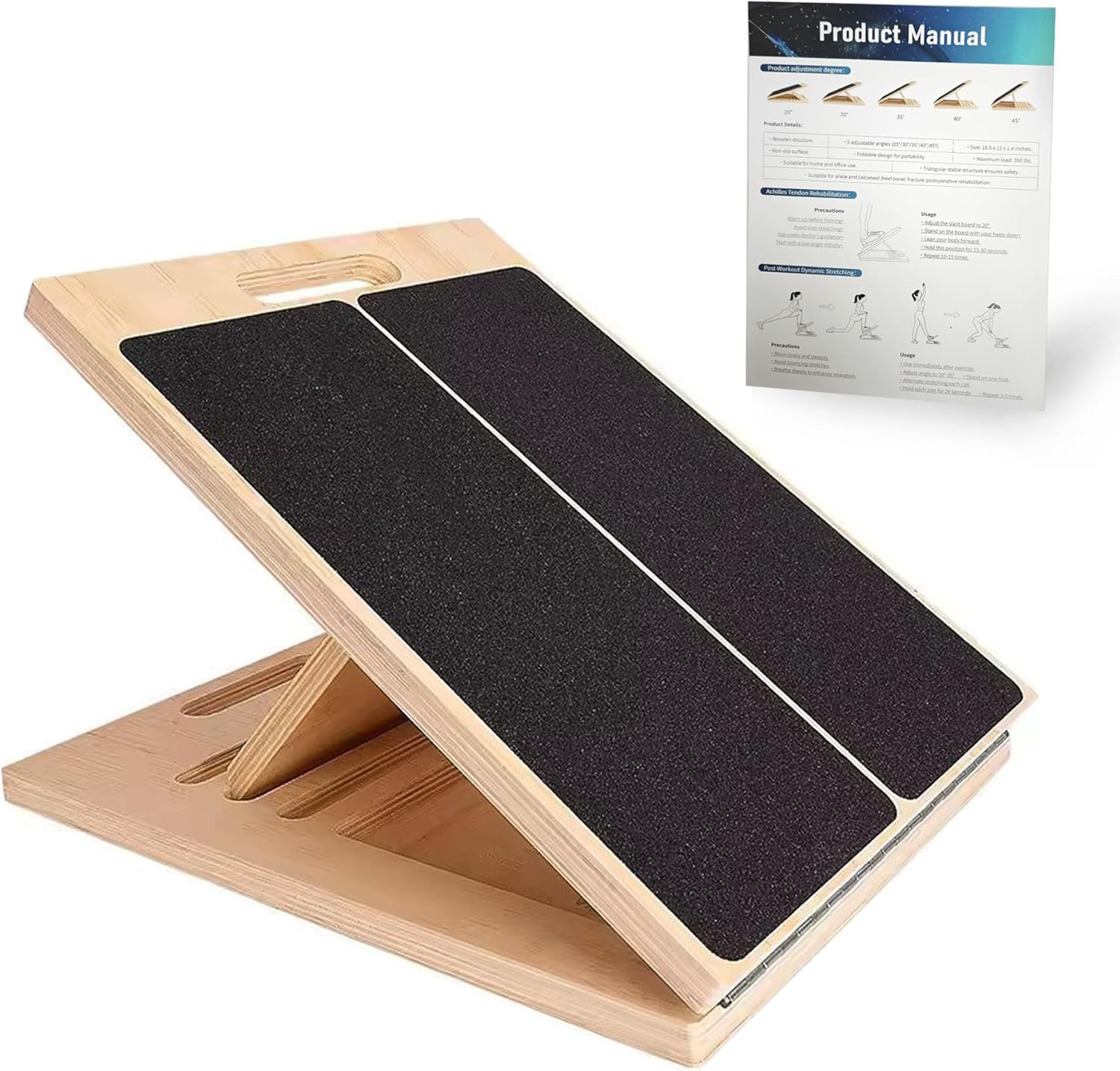 Skiennix Adjustable Wooden Slant Board - 5-Angle Foldable Calf Stretcher & Squat Wedge, 350 lb Capacity