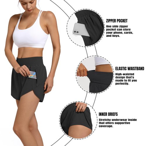 SAFWAK Women's High Waist Athletic Shorts Quick Dry Sporty Workout Running Shorts for Women with Zipper Pocket Black, S