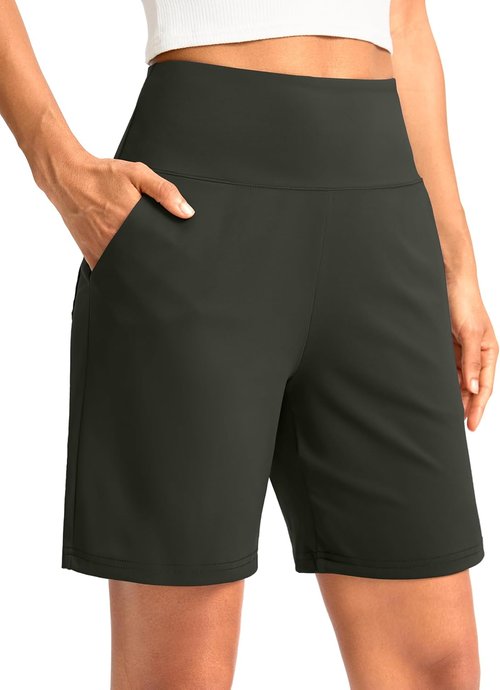 G Gradual Women's Bermuda Long Shorts - High Waisted Knee Length with Pockets for Athletic Workouts | 9" Size