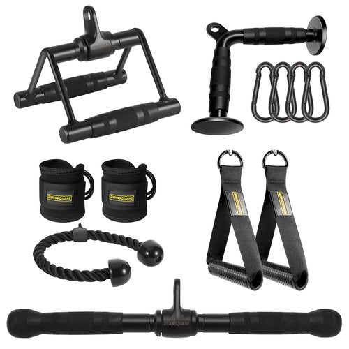 DYNASQUARE Cable Machine Attachments Set Combo, LAT Pulldown Attachments with Exercise Handles & Ankle Straps (Black)