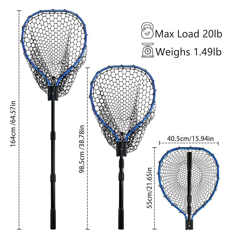 Telescoping Aluminum Fishing Net with Rubber Mesh, 3-Section Pole 64.5" - SEASPRO