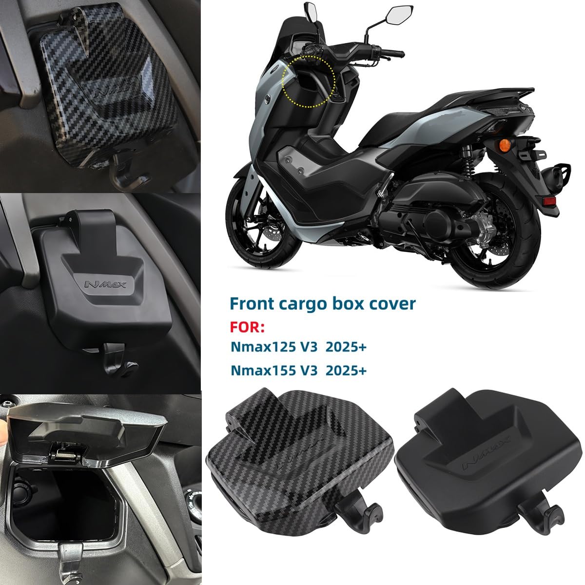 Scooter Accessories Front Storage Box Cover for NMAX N-MAX 155 125 NMAX155 NMAX125 V3 2025-2026, ABS Plastic Tool Case Lid Upgraded Left Side Pocket Cover Cap, Direct Fit Replacement (Black)