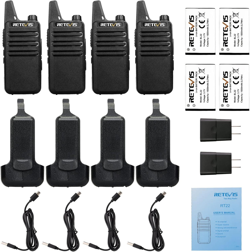 Retevis RT22 Two Way Radio - Long Range Rechargeable Walkie Talkies | USB-C Charging, Handsfree, 4 Pack