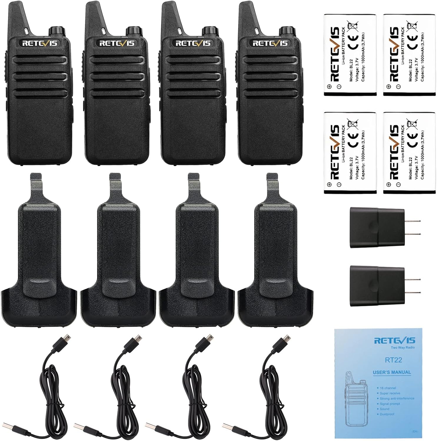 Retevis RT22 Two Way Radio - Long Range Rechargeable Walkie Talkies | USB-C Charging, Handsfree, 4 Pack
