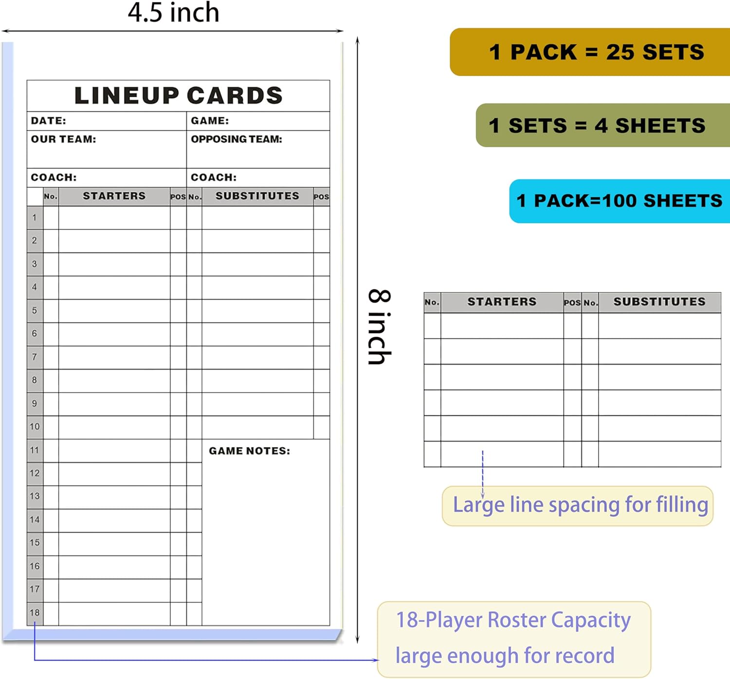 Scorebook Pro | Baseball & Softball Carbonless Lineup Card Book - 4.5x8 in, 100 Sheets, 18 Player Roster