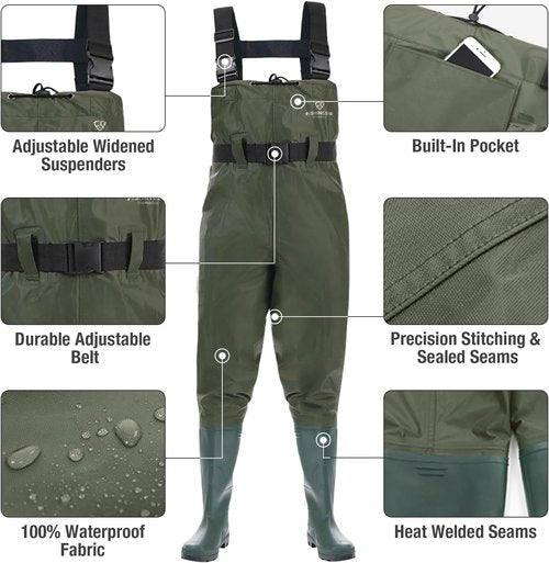 FISHINGSIR Fishing Waders - Waterproof 2-Ply Nylon/PVC Chest Waders with Boots for Men & Women