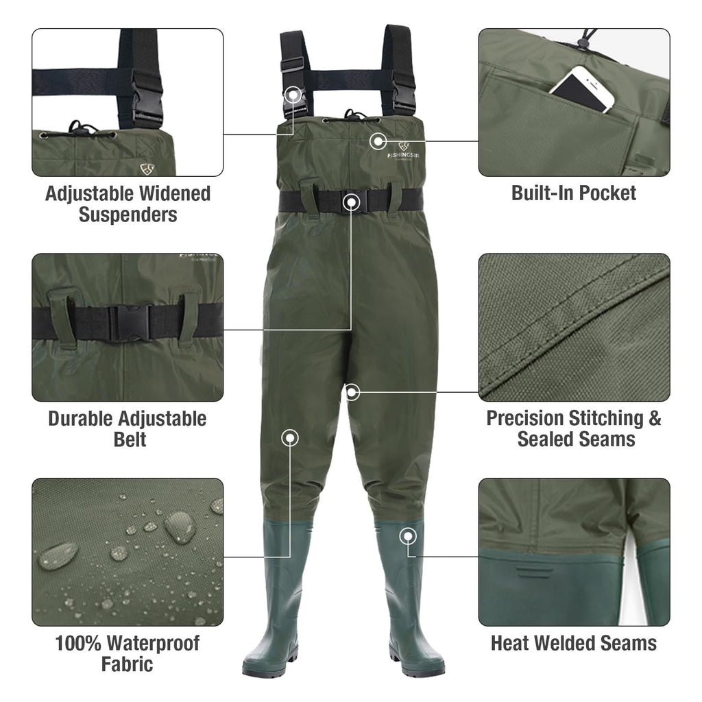 FISHINGSIR Fishing Waders for Men, 2-Ply Nylon/PVC Waterproof Women Chest Wader with Boots, Bootfoot Hunting Waders Green