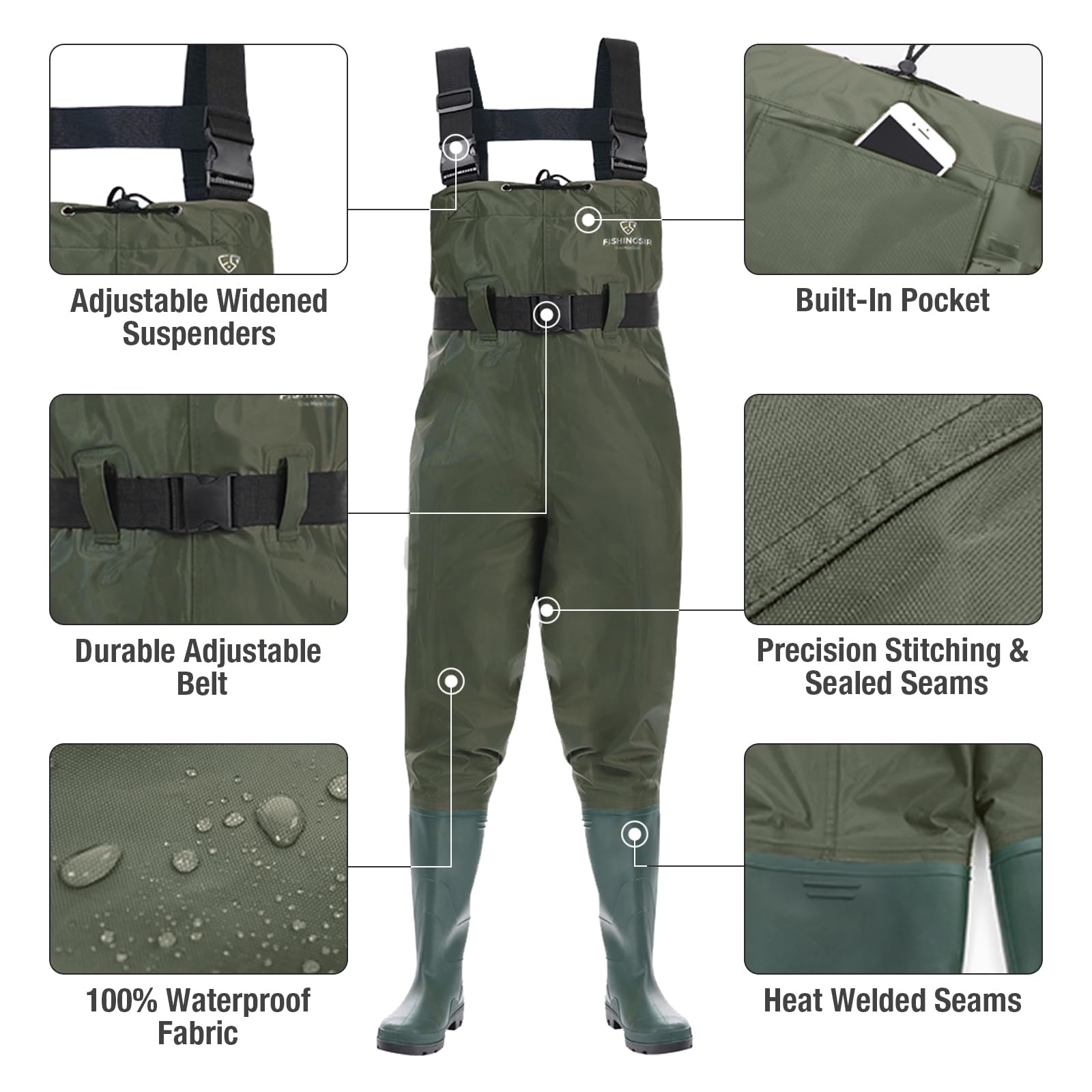 FISHINGSIR Fishing Waders for Men, 2-Ply Nylon/PVC Waterproof Women Chest Wader with Boots, Bootfoot Hunting Waders Green