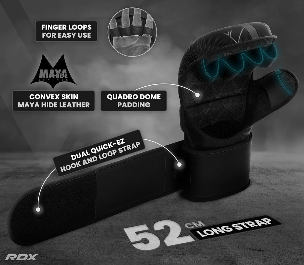 RDX MMA Gloves - Hybrid Open Palm Martial Arts Mitts for Men & Women | Maya Hide Leather, Wrist Support