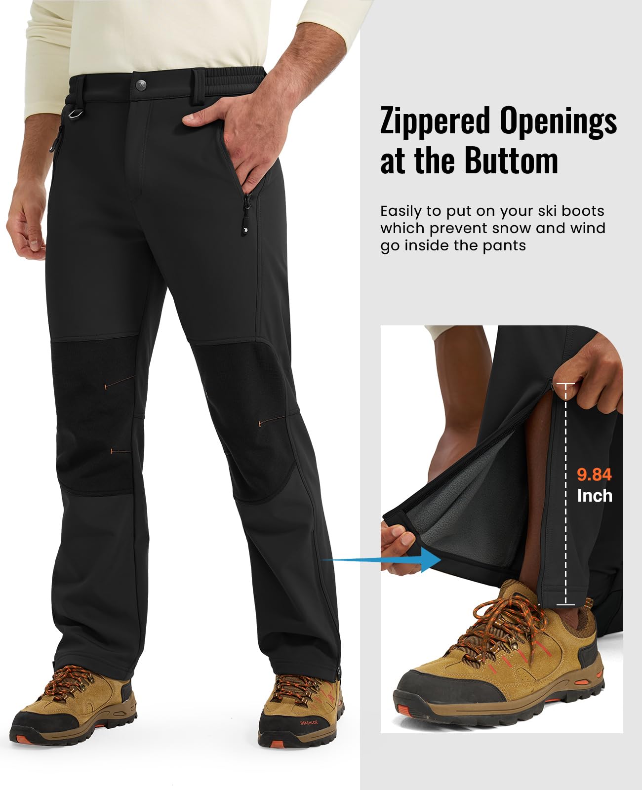 Rdruko Men's Snow Ski Pants Waterproof Insulated Fleece Lined Snowboard Winter Hiking Camping Pant with Zipper Bottom Leg, Black, 34