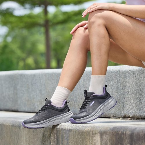 Women's Wide Toe Box Walking Shoes Breathable Sneakers Non-Slip Athletic Tennis Running Shoes for Swollen Feet Heel Pain Relief - FlowCore V6 Grey/Purple