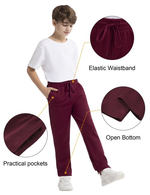 Siimcuzy 4 Pack Boys Sweatpants Fleece Lined Open Bottom Youth Athletic Jogging Track Joggers Pants with Pockets for Kids 1 Black 1 Heather Grey 1 Wine 1 Blue Medium