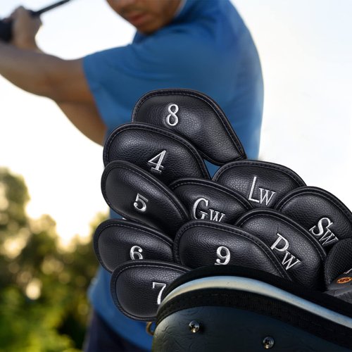 Craftsman Golf Magnetic Closure Classic Black Leather Iron Headcover Covers Set 10pcs with Silver No. on Both Sides for Left and Right Golfer (A: Black with Silver No.)