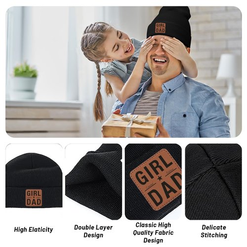 Girl Dad Gifts for Men - Dad Beanie Hat from Daughter for Christmas Birthday Winter Warm Knit Hat with Leather Patch