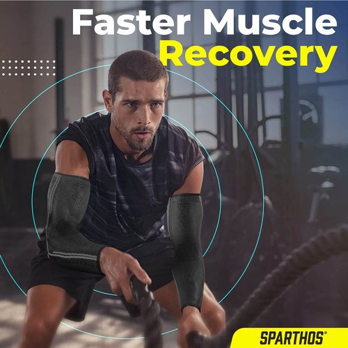 Sparthos Arm Compression Sleeve - Elbow Braces for Recovery, Support for Athletic Sports Running Tennis Baseball Lifting Volleyball Shooting Weightlifting Golf - Mens and Womens (Black-S)