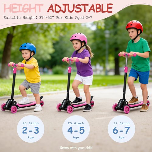 HOSKO Kick Scooter for Kids 2-7 Age， Light up 3 Wheels Kick Scooter, Heavy Duty Folding Lean-to-Steer Scooters with 3 Adjustable Handlebar for Boys Girls Pink