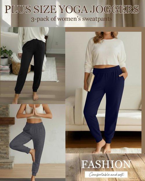 Evervibe 3 Pack Women's Plus Size Yoga Joggers, Comfy High Waisted Lounge Pants Loose Casual Sweatpants Pajama with Pockets(Navy, Dark Gray, Black,3X-Large)