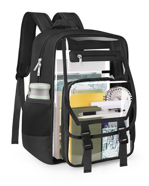 Soimeat Clear Backpack Heavy Duty, Fabric & PVC Transparent Bookbag, See Through Backpacks with Reinforced Strap for Women Men, Large Capacity Clear Backpack for College, Travel, Security, Black