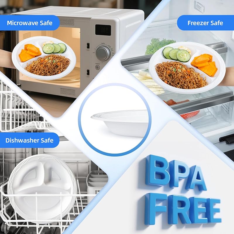 White 10 in 3-Compartment Plate (150-Pack) - Shrink Wrapped, No Pre-Wash, 3-Section