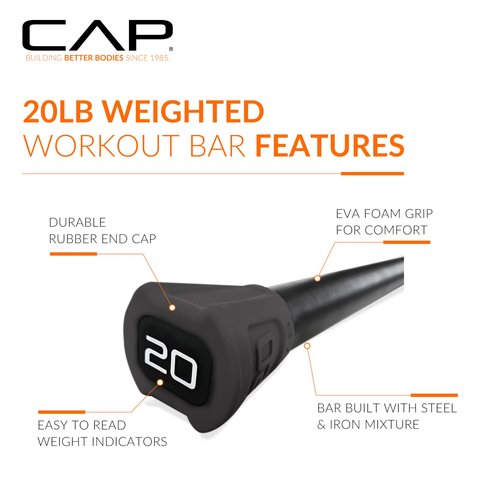 CAP Barbell 20 lb Total Body Workout Weighted Bar - Black | Exercise Bar for Strength Training, Yoga, Pilates, Resistance Training, and Home Gym Workouts