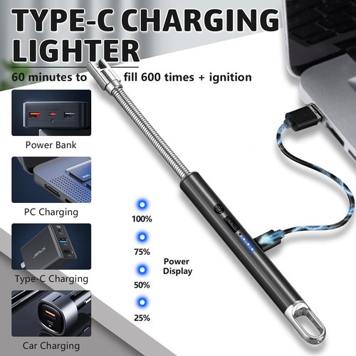 2 Pack Electric Candle Lighters, USB Rechargeable Lighter with Windproof Flameless & Extended Handle, Suitable for Candles, BBQ, Camping, Gas Stove, Festivals Gift (Black, 2 Packs-A)