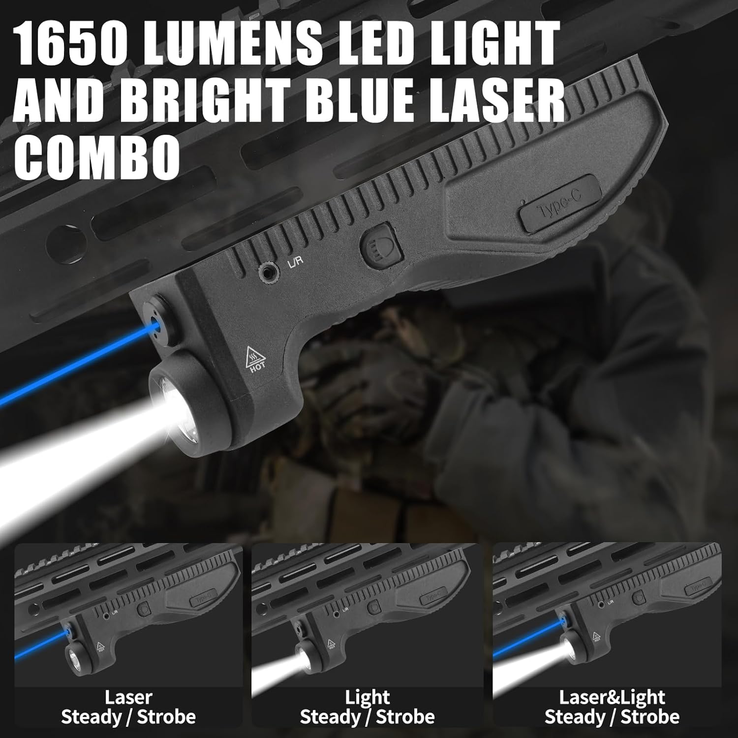 Skiennix Tactical Flashlight & Blue Laser Sight - 1650 Lumens, USB-C Rechargeable, M-Lok Compatible