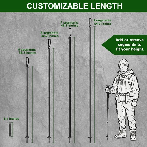 Survival Hiking Stick (8-Section Design), Modular Survival Walking Stick with 8-in-1 Essential Tools, Collapsible Survival Hiking Stick for Camping, Bushcraft, and Outdoor Safety