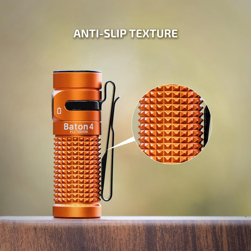 OLIGHT Baton4 Rechargeable EDC Flashlight - 1300 Lumens, IPX8 Waterproof, Multiple Modes | Compact Orange Design for Home & Camping