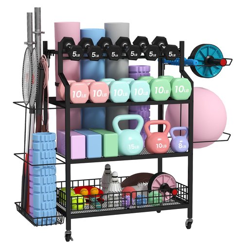 Hadulcet All-in-One Dumbbell Rack, 4-Tier Adjustable Weight Rack for Dumbbells, Home Gym Storage for Yoga Mat, Kettlebell, Foam Roller & Balls, Workout Equipment Storage with Hooks and Wheels