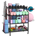 Hadulcet All-in-One Dumbbell Rack, 4-Tier Adjustable Weight Rack for Dumbbells, Home Gym Storage for Yoga Mat, Kettlebell, Foam Roller & Balls, Workout Equipment Storage with Hooks and Wheels
