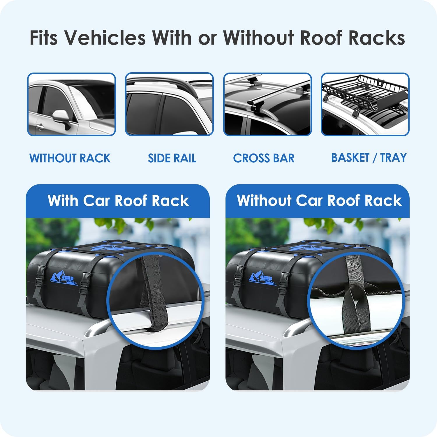Skiennix Car Rooftop Cargo Carrier Bag - 100% Waterproof, 15 Cubic Feet, Heavy Duty | Includes Anti-Slip Mat & Straps (Blue)