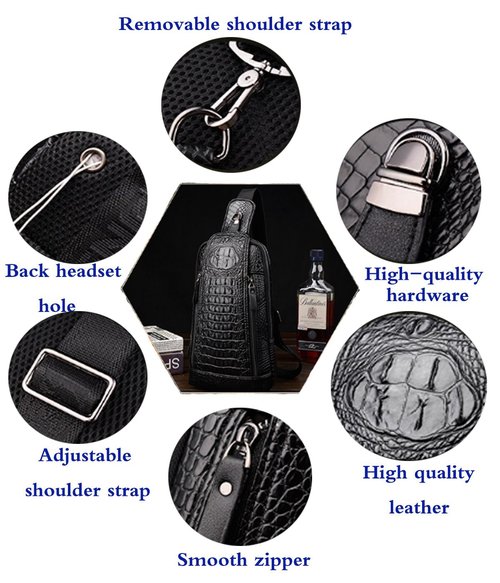 FiveloveTwo Mens Sling Bags Crocodile PU Shoulder Crossbody Chest Bag Satchels Hiking Daypack Dark Brown