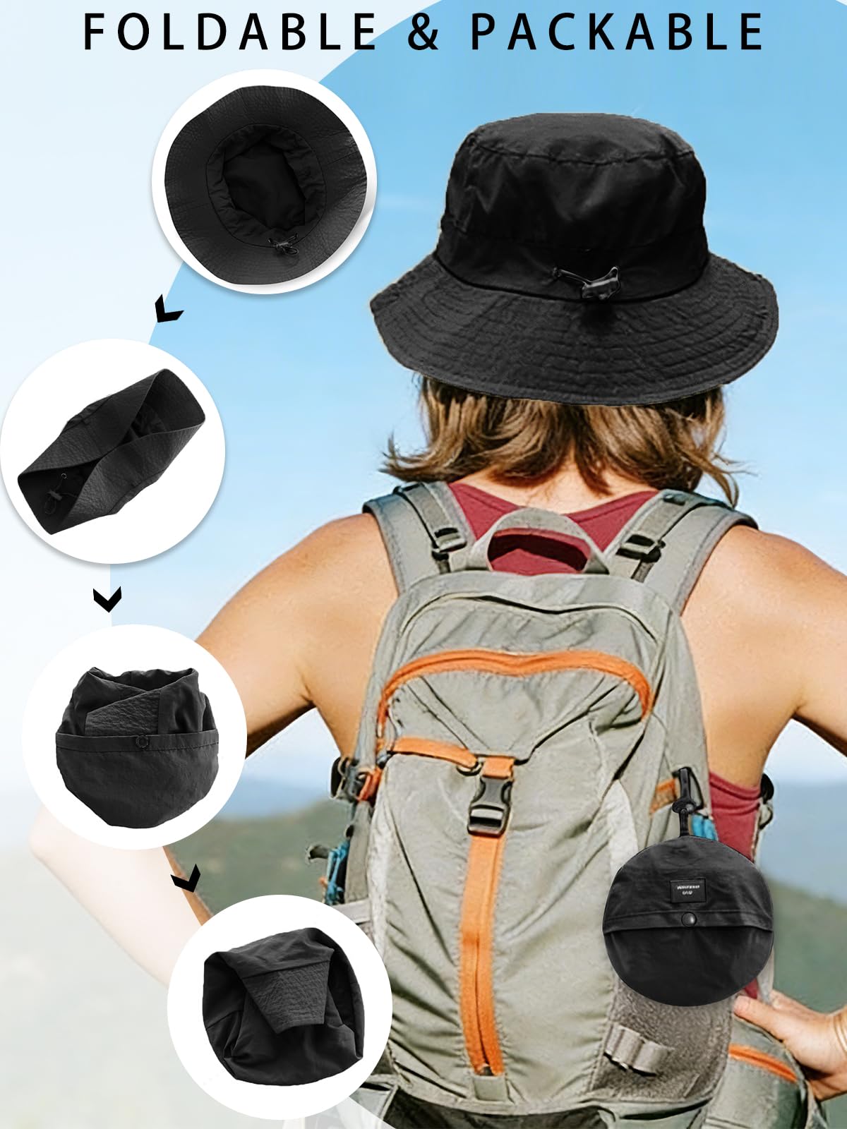 BAIKEA Splash-Proof Packable Bucket Hat for Men Women Lightweight Foldable Fishing Hiking Sun Hat with Adjustable Chin Strap Outdoor Rain Travel Cap One Size Black