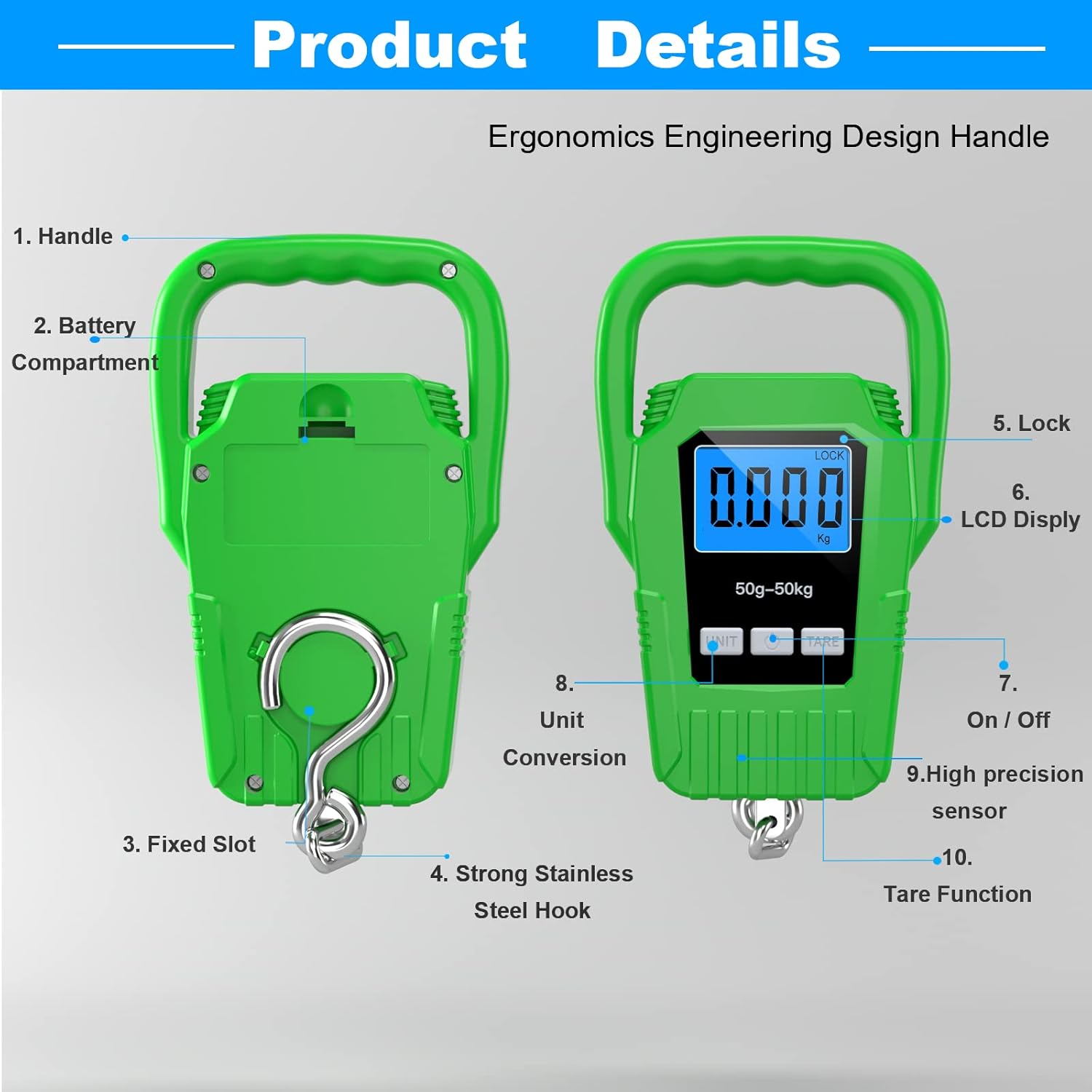 SKEAP Digital Fish Scale - 110lb Capacity | Large Handle & Backlit LCD Display - Green Fishing Gift