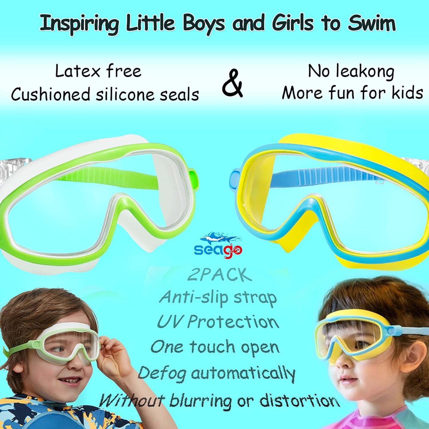 Seago Swim Goggles - 2 Pack Anti-Fog & UV Protection for Kids Aged 3-14 | Wide View Design