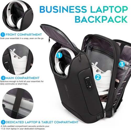 BANGE Anti-Theft Backpack with USB Charging Port for Men, 17.3 Inch Business Laptop Backpack, TSA Approved Lock & Waterproof Zippers, Large Travel Computer Bag