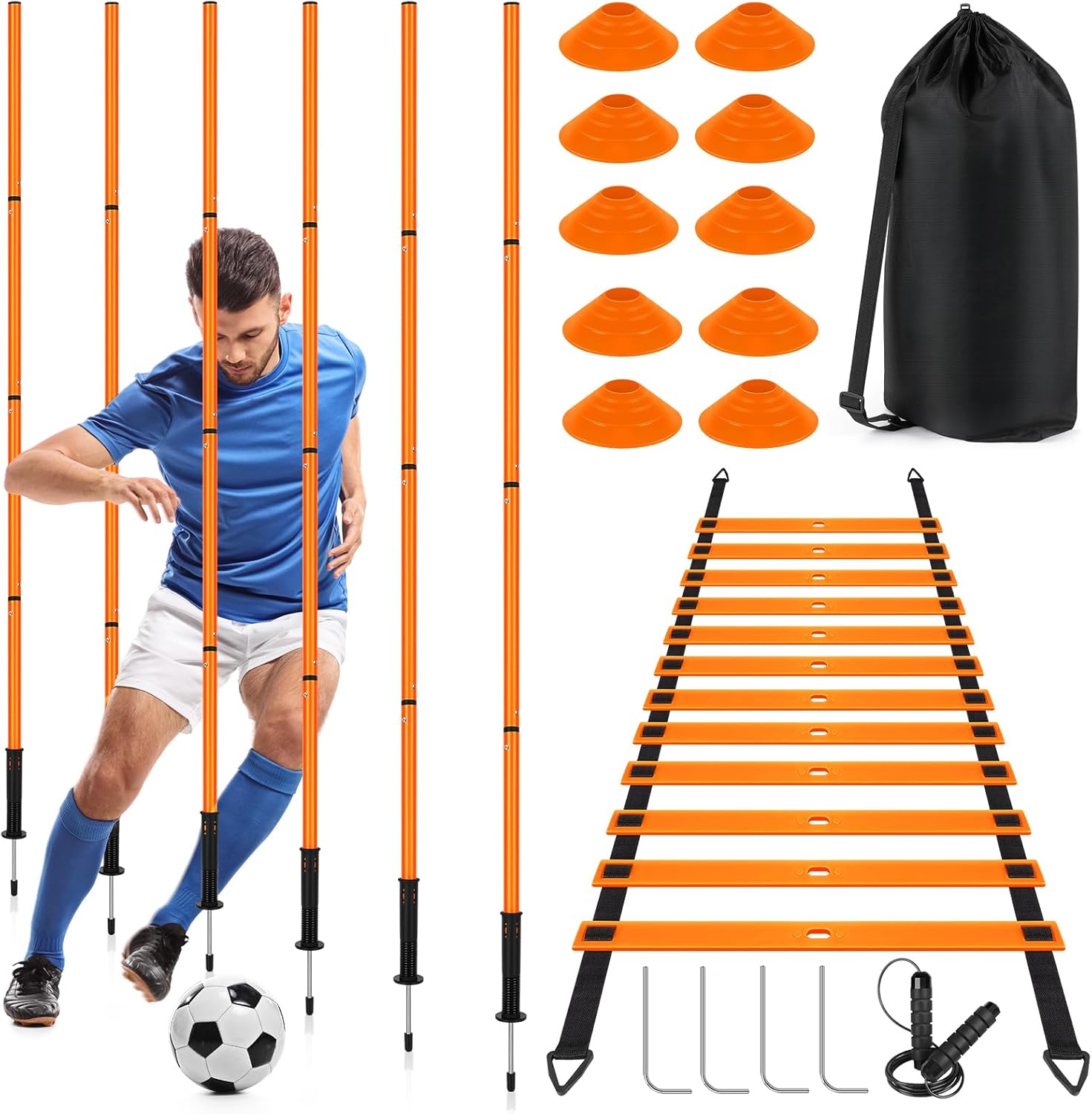 Skiennix Soccer Agility Training Equipment - 6 Agility Poles, 20ft Ladder, 10 Cones & Jump Rope