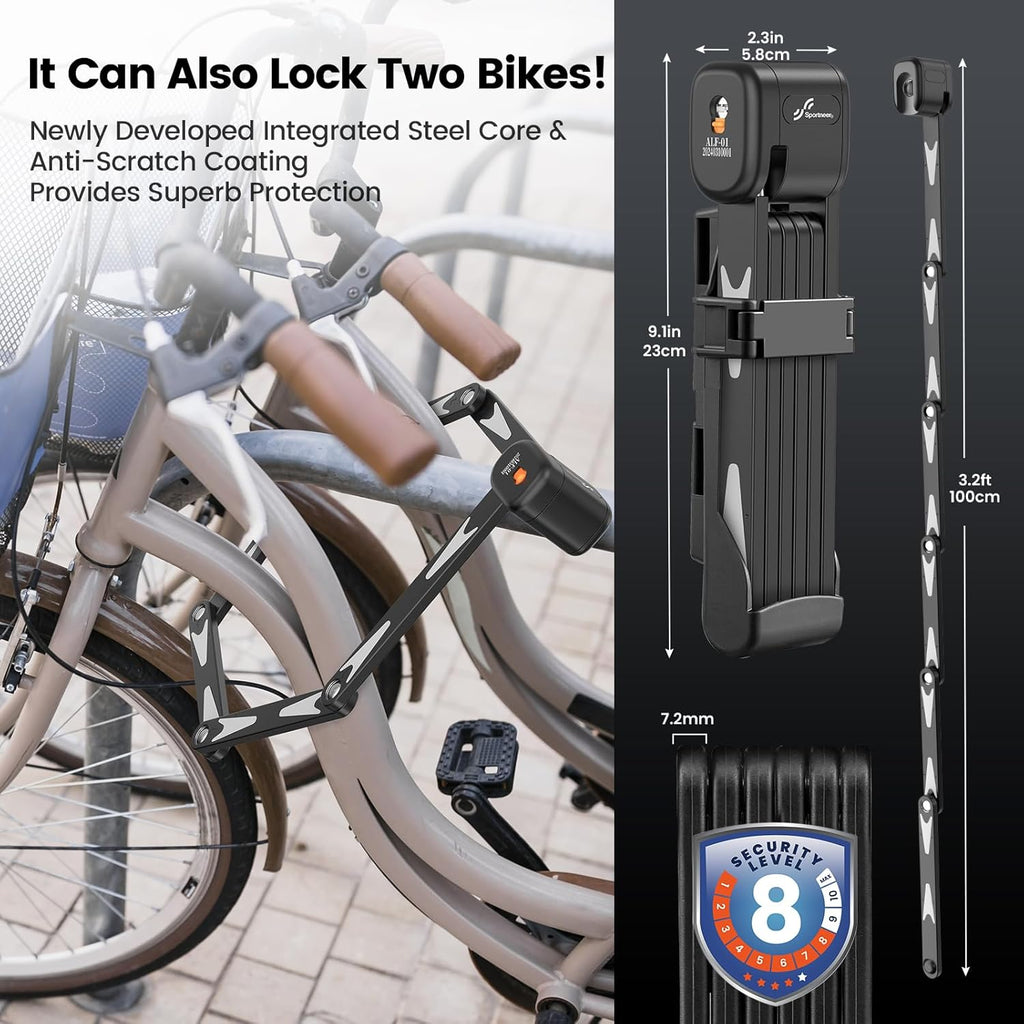 Sportneer Bike Lock - High-Security Folding Bicycle Lock with 3 Keys & Mount Bracket | 95cm/3.12ft, 2.86lbs