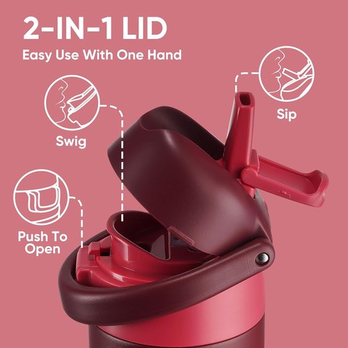 Fijinhom 18 oz Insulated Stainless Steel Water Bottle - 2-in-1 Straw & Push-Button Lid | Keeps Drinks Cold for 24 Hours, Red