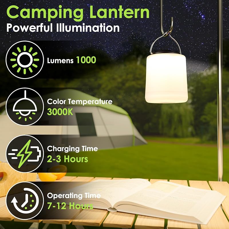 BOBKID LED Camping Lantern - Rechargeable, 1000 Lumens, 360° Light, IP44 Waterproof (Black)
