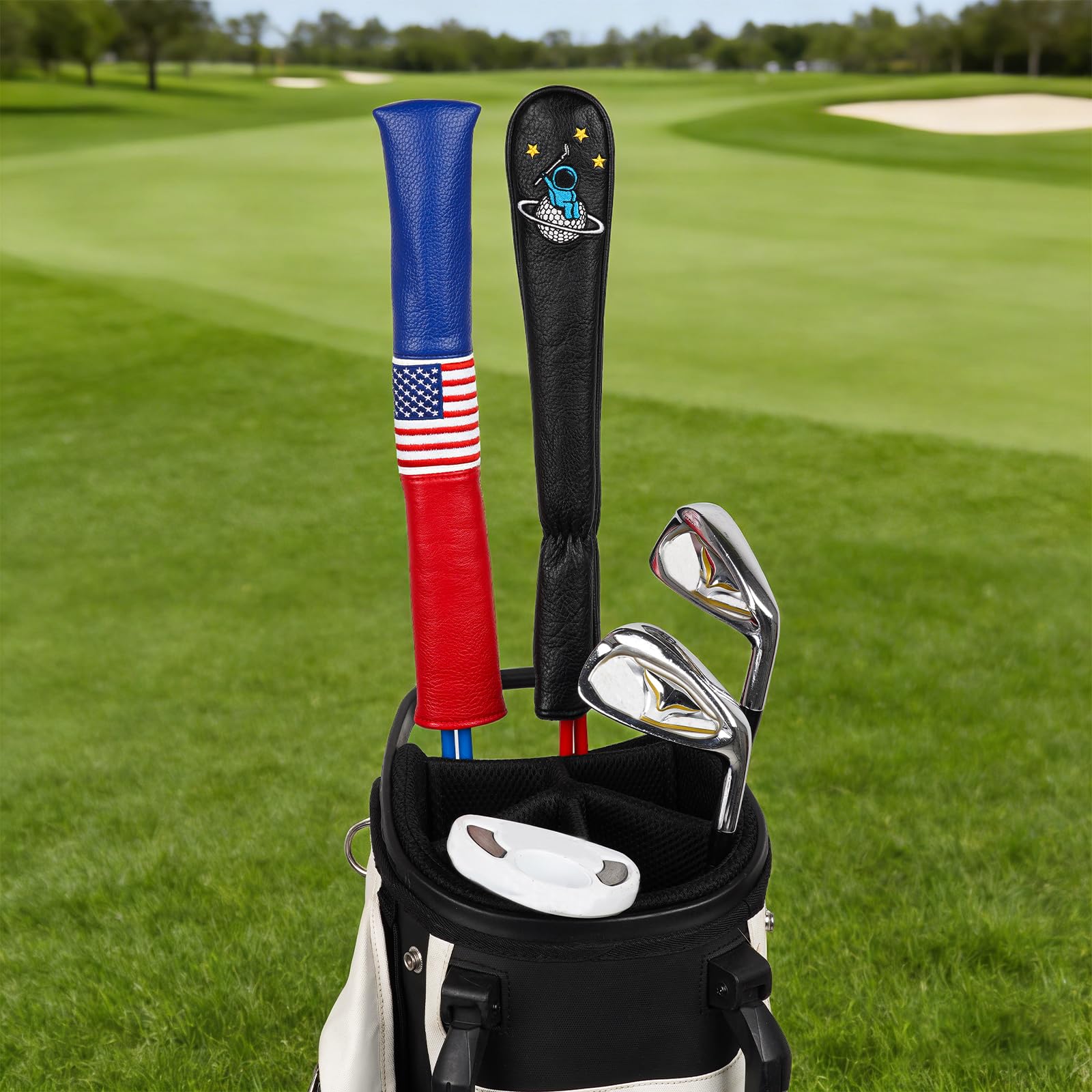 USA Golf Alignment Stick Headcover Synthetic Leather Holds 2-3 Sticks, Cover for Alignment Sticks Embroidered Flag Red/Blue/White