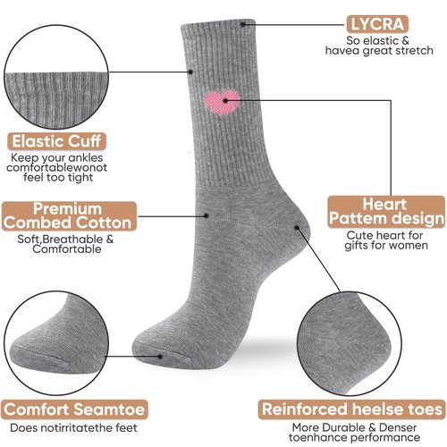 Corlap Women's Cute Cotton Crew Athletic Running Socks - Ankle High, Novelty Fun Heart Design 5-Pairs (Gift Box)
