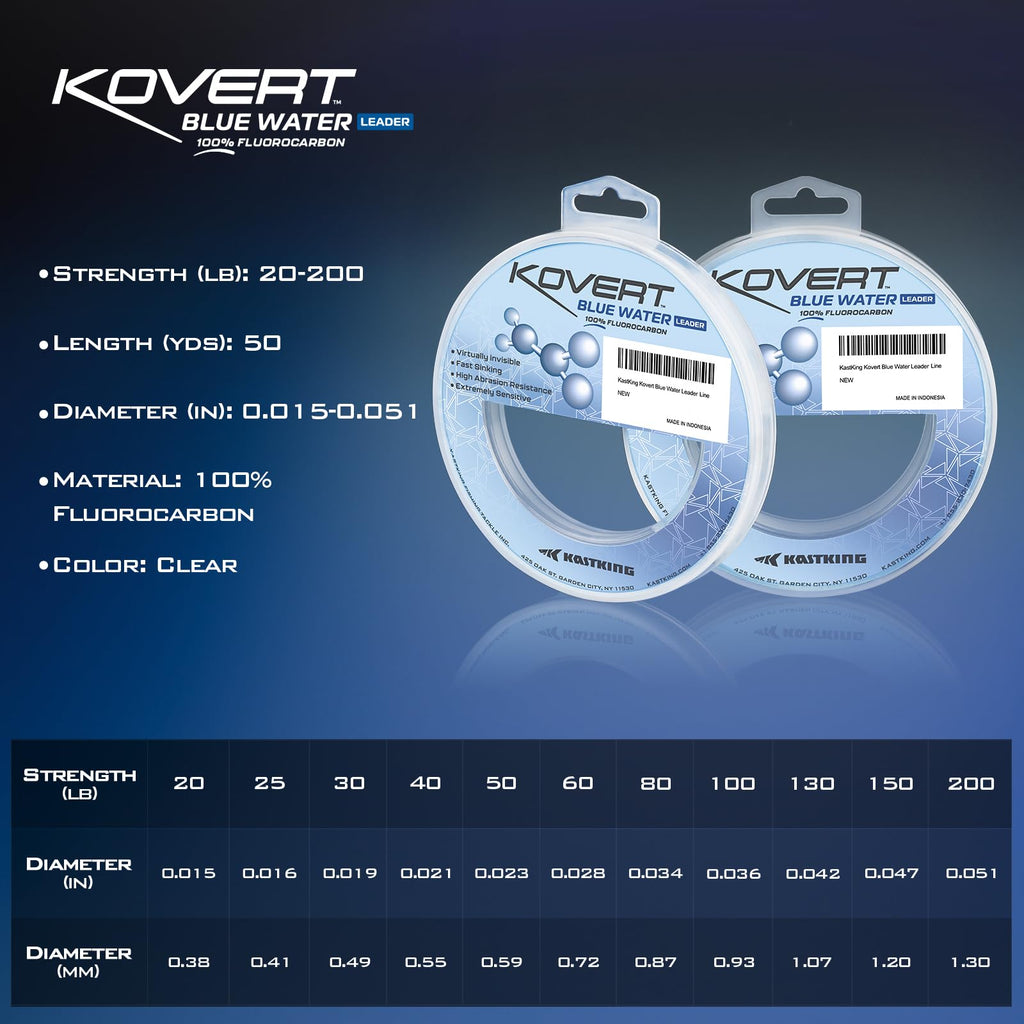 KastKing Kovert Blue Water 100% Fluorocarbon Leader Fishing Line, 20LB, 50Yds